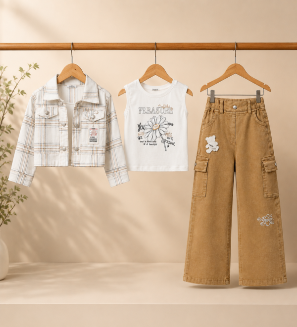 Girls Printed Top with Striped Shrug & Cargo Pant Set | Stylish Girls Western Wear Outfit