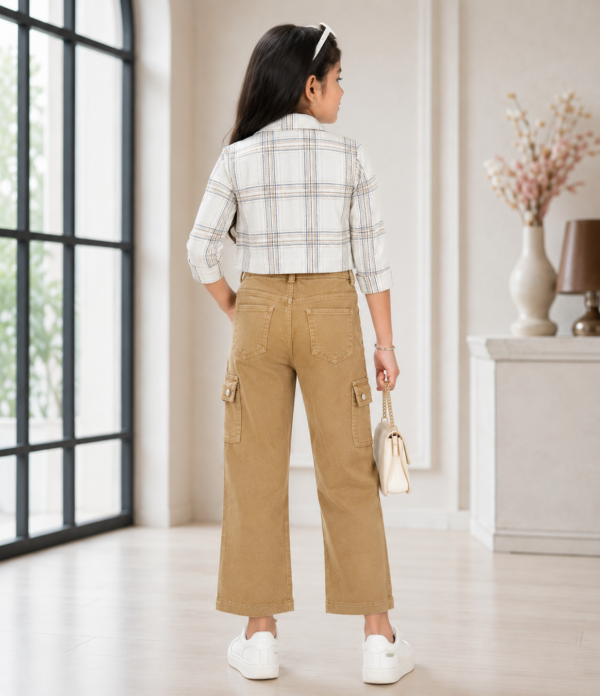 Girls Printed Top with Striped Shrug & Cargo Pant Set | Stylish Girls Western Wear Outfit