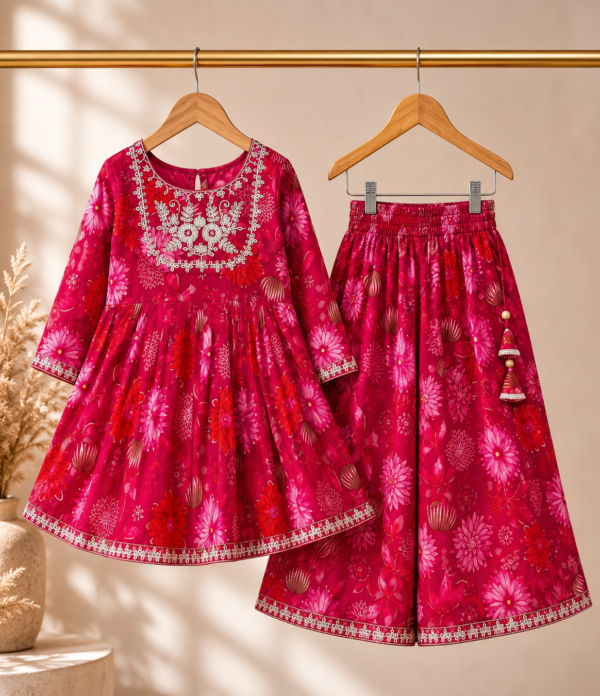 Girls Floral Printed Kurti Sharara Set | Stylish Ethnic Wear 2 Piece Outfit for Girls