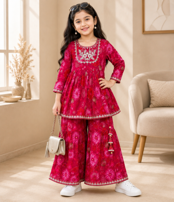 Girls Floral Printed Kurti Sharara Set | Stylish Ethnic Wear 2 Piece Outfit for Girls
