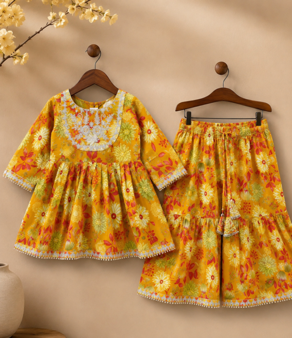 Girls Floral Printed Kurti Sharara Set | Stylish Ethnic Wear 2 Piece Outfit for Girls