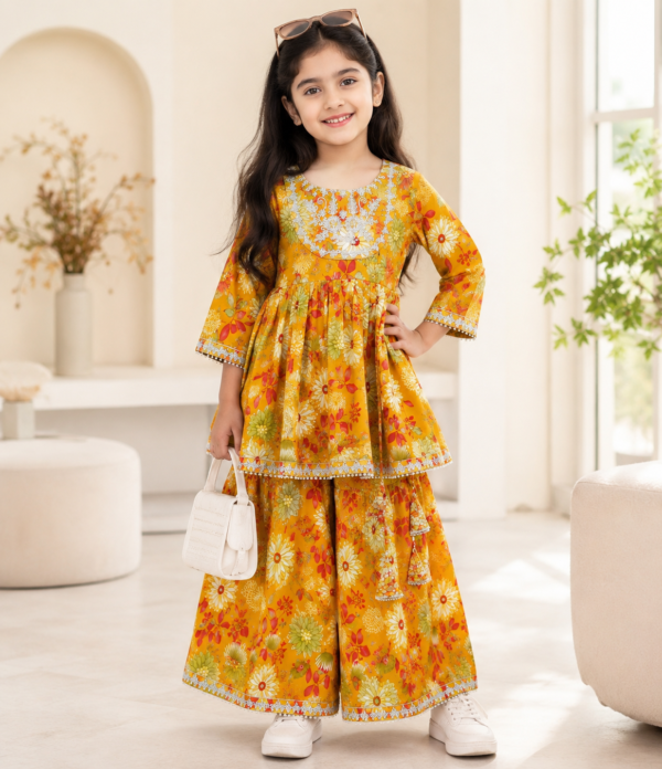 Girls Floral Printed Kurti Sharara Set | Stylish Ethnic Wear 2 Piece Outfit for Girls