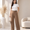 Women's Cotton Blend High Waist Wide Leg Formal Trousers | Casual Office Wear Palazzo Pants with Belt