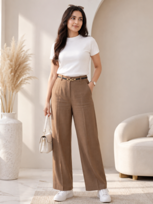 Women's Cotton Blend High Waist Wide Leg Formal Trousers | Casual Office Wear Palazzo Pants with Belt
