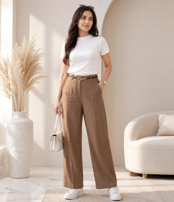 Women's Cotton Blend High Waist Wide Leg Formal Trousers | Casual Office Wear Palazzo Pants with Belt