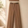Women's Cotton Blend High Waist Wide Leg Formal Trousers | Casual Office Wear Palazzo Pants with Belt