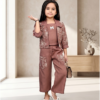 Stylish girls 3 piece coord set with printed shrug top and wide leg pants for kids fashion wear