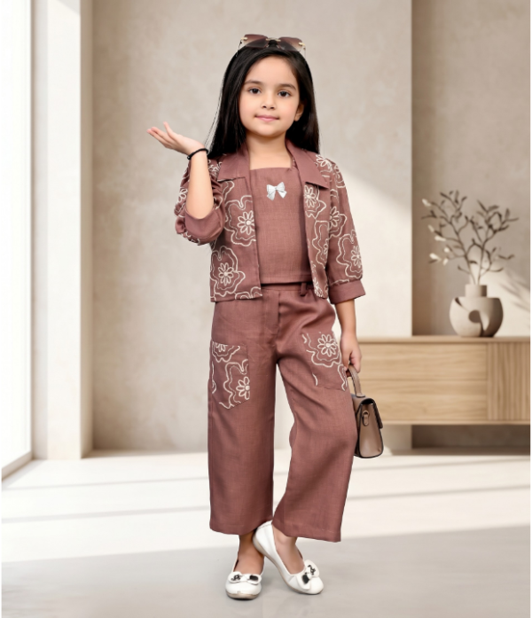 Stylish girls 3 piece coord set with printed shrug top and wide leg pants for kids fashion wear