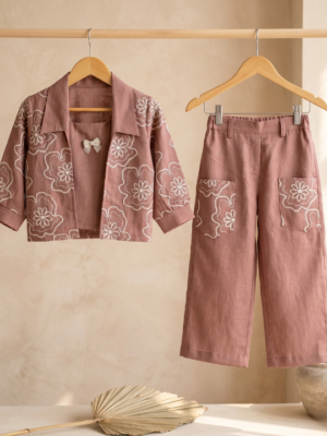 Girls Stylish 3 Piece Co-Ord Set with Printed Shrug _ Kids Fashion Top Pant & Jacket Set for Girls HANGING Girls Stylish 3 Piece Co-Ord Set with Printed Shrug | Kids Fashion Top Pant & Jacket Set for Girls