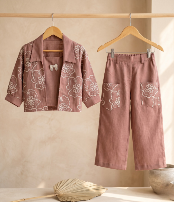 Girls Stylish 3 Piece Co-Ord Set with Printed Shrug | Kids Fashion Top Pant & Jacket Set for Girls