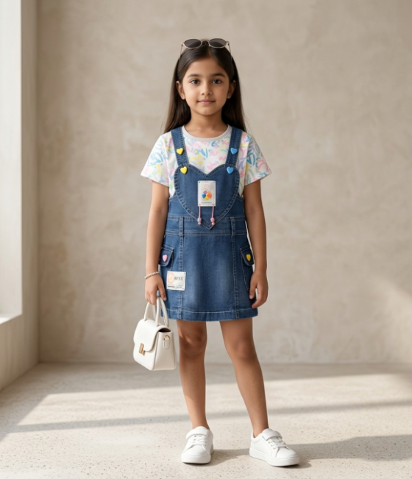 Girls Denim Pinafore Dress with Printed T-Shirt | Stylish Girls Dungaree Dress Set