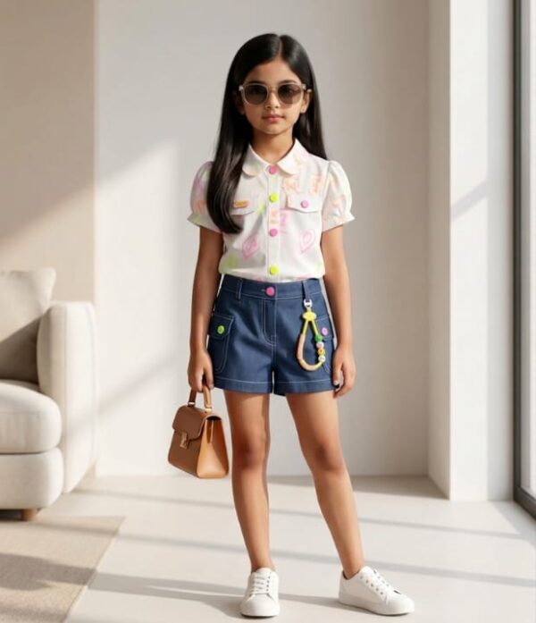 Girls Printed Shirt & Denim Shorts Set | Trendy Girls Western Wear Outfit