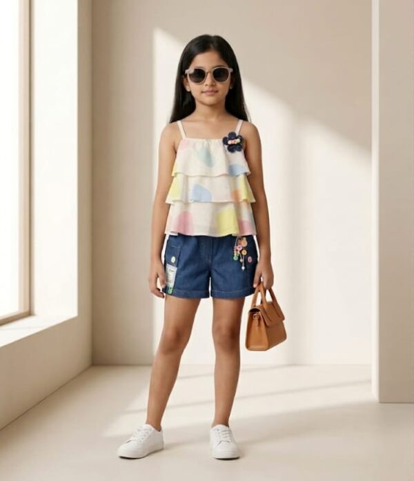 Girls Multicolor Layered Top & Denim Shorts Set | Trendy Girls Summer Wear