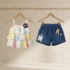Girls Multicolor Layered Top & Denim Shorts Set | Trendy Girls Summer Wear