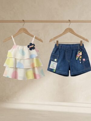 Girls Multicolor Layered Top & Denim Shorts Set | Trendy Girls Summer Wear