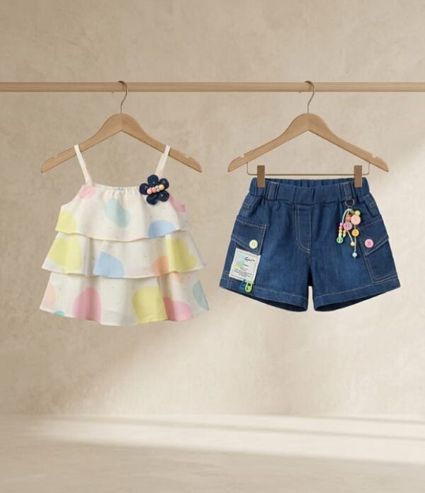 Girls Multicolor Layered Top & Denim Shorts Set | Trendy Girls Summer Wear