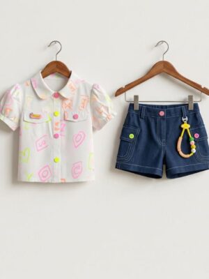 Girls Printed Shirt & Denim Shorts Set | Trendy Girls Western Wear Outfit