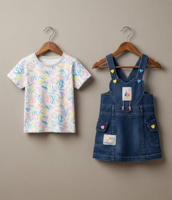 Girls Denim Pinafore Dress with Printed T-Shirt | Stylish Girls Dungaree Dress Set
