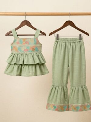 Girls Embroidered Peplum Top & Flared Pant Set | Stylish Girls Co-Ord Set