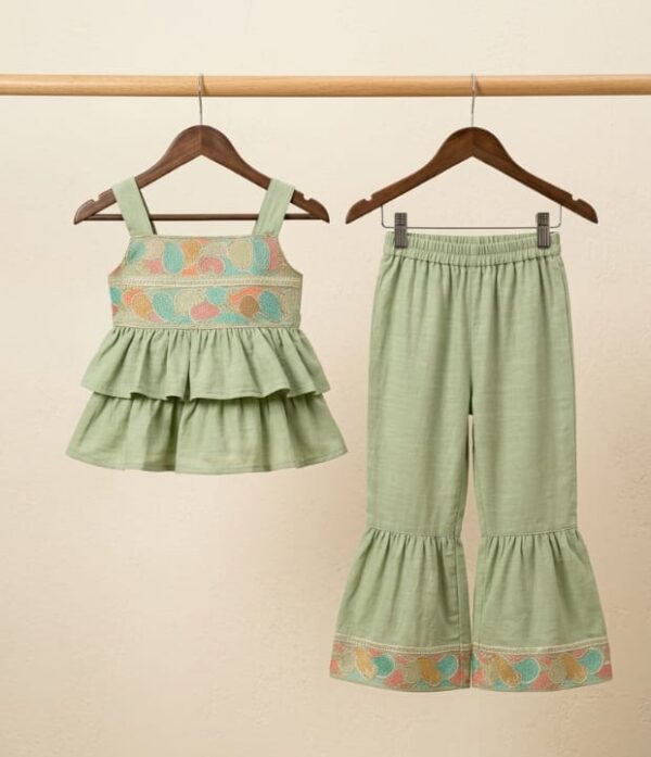 Girls Embroidered Peplum Top & Flared Pant Set | Stylish Girls Co-Ord Set
