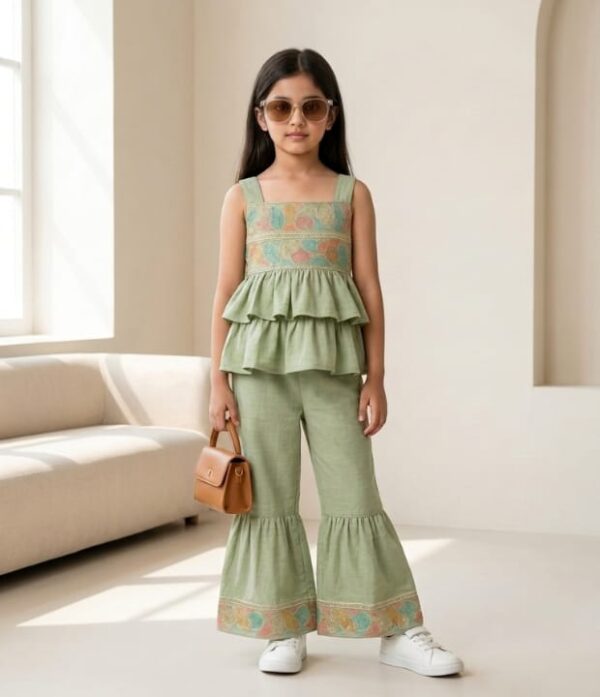 Girls Embroidered Peplum Top & Flared Pant Set | Stylish Girls Co-Ord Set