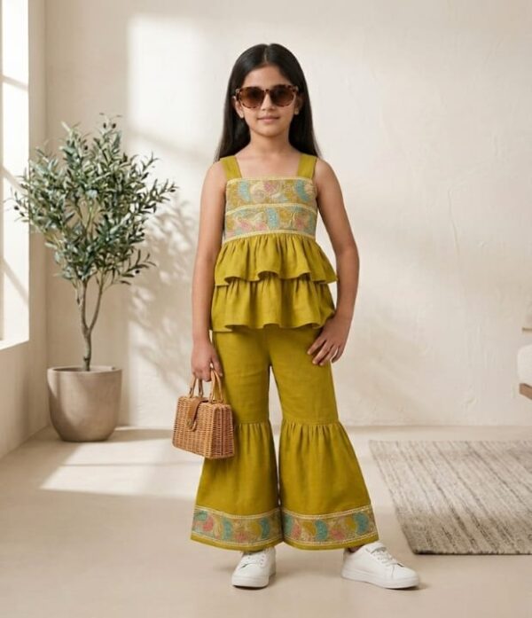 Girls Embroidered Peplum Top & Flared Pant Set | Stylish Girls Co-Ord Set