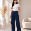 Women's Cotton Blend High Waist Wide Leg Formal Trousers | Casual Office Wear Palazzo Pants with Belt