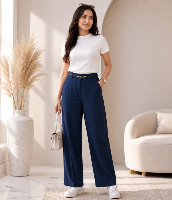 Women's Cotton Blend High Waist Wide Leg Formal Trousers | Casual Office Wear Palazzo Pants with Belt
