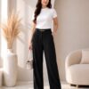 Women's Cotton Blend High Waist Wide Leg Formal Trousers | Casual Office Wear Palazzo Pants with Belt