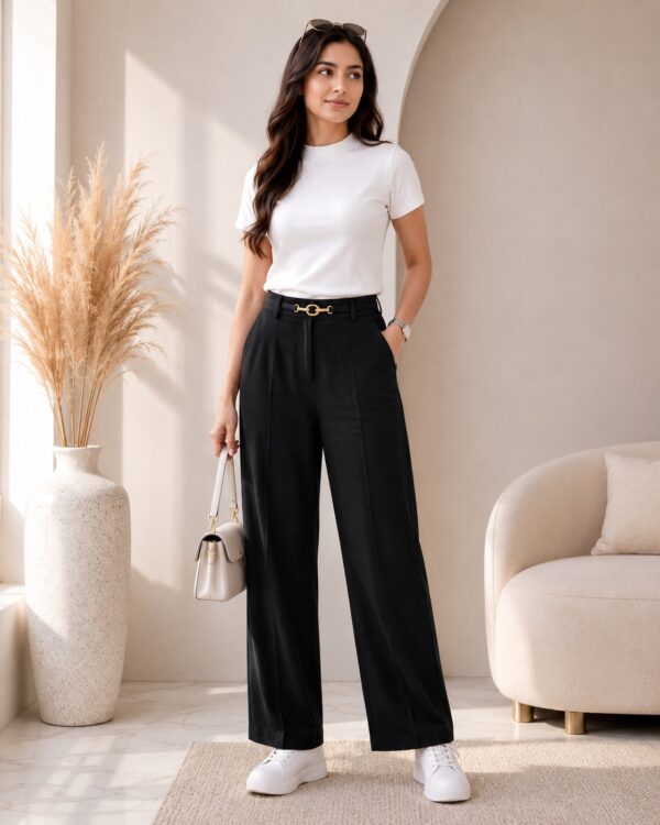 Women's Cotton Blend High Waist Wide Leg Formal Trousers | Casual Office Wear Palazzo Pants with Belt