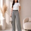 Women's Cotton Blend High Waist Wide Leg Formal Trousers | Casual Office Wear Palazzo Pants with Belt