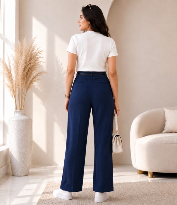Women's Cotton Blend High Waist Wide Leg Formal Trousers | Casual Office Wear Palazzo Pants with Belt