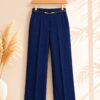 Women's Cotton Blend High Waist Wide Leg Formal Trousers | Casual Office Wear Palazzo Pants with Belt