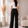 Women's Cotton Blend High Waist Wide Leg Formal Trousers | Casual Office Wear Palazzo Pants with Belt