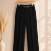 Women's Cotton Blend High Waist Wide Leg Formal Trousers | Casual Office Wear Palazzo Pants with Belt