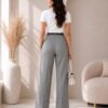 Women's Cotton Blend High Waist Wide Leg Formal Trousers | Casual Office Wear Palazzo Pants with Belt