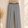 Women's Cotton Blend High Waist Wide Leg Formal Trousers | Casual Office Wear Palazzo Pants with Belt