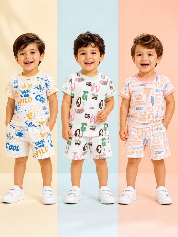 Boys Printed T-Shirt & Shorts Combo Set (Pack of 3) | Kids Summer Co-Ord Set