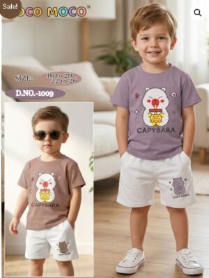 image (8) Capybara Printed Boys Cotton Clothing Set | Kids Half Sleeve T-Shirt & Shorts Summer Co-Ord Set