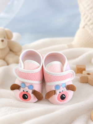 Baby Pink Cartoon Dog Prewalker Shoes | Soft Sole Anti-Slip First Walking Shoes for Baby Girls & Infants