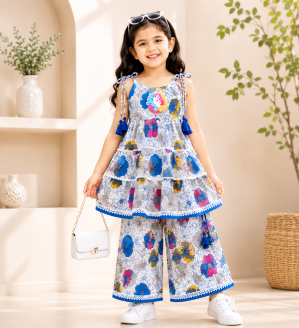 Girls Floral Printed Sharara Set with Tiered Top | Stylish Ethnic Co-Ord Set for Girls
