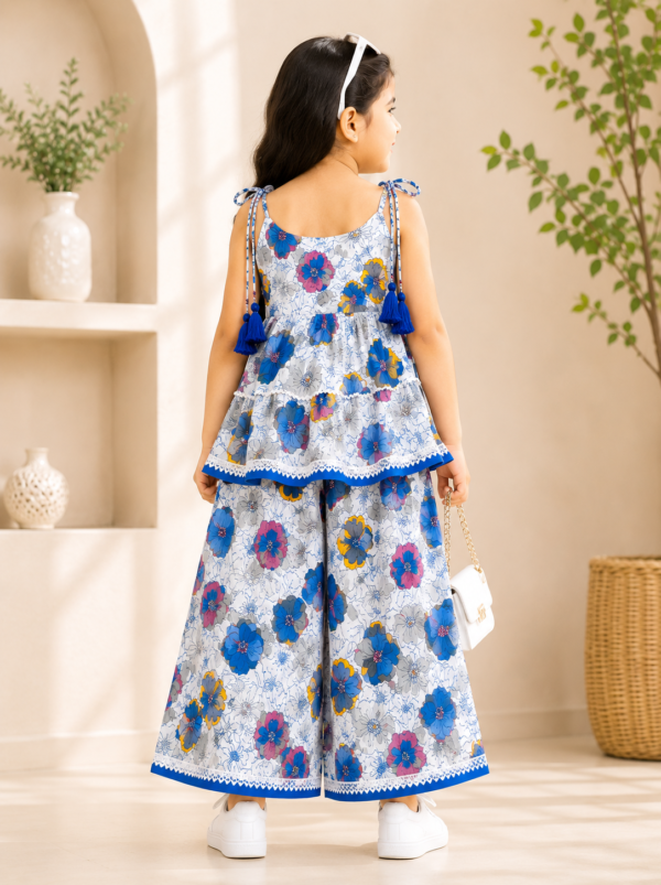 Girls Floral Printed Sharara Set with Tiered Top | Stylish Ethnic Co-Ord Set for Girls