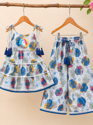 Girls Floral Printed Sharara Set with Tiered Top | Stylish Ethnic Co-Ord Set for Girls