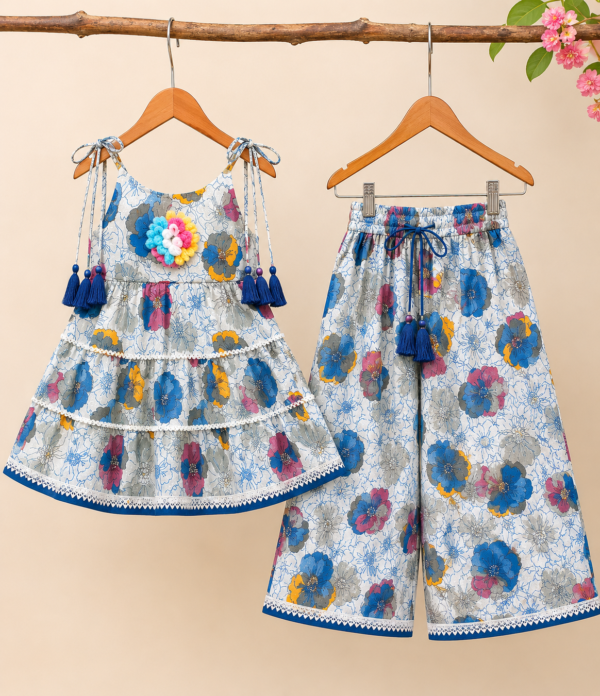 Girls Floral Printed Sharara Set with Tiered Top | Stylish Ethnic Co-Ord Set for Girls