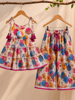 Girls Floral Printed Sharara Set with Tiered Top | Stylish Ethnic Co-Ord Set for Girls