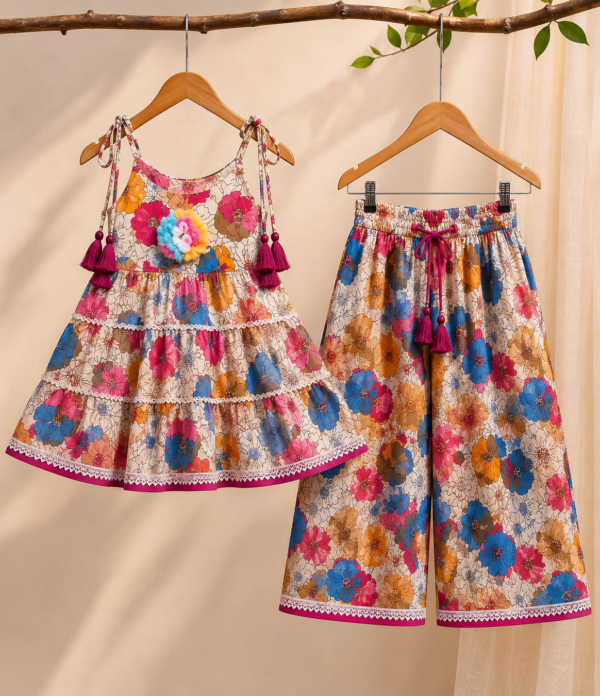 Girls Floral Printed Sharara Set with Tiered Top | Stylish Ethnic Co-Ord Set for Girls