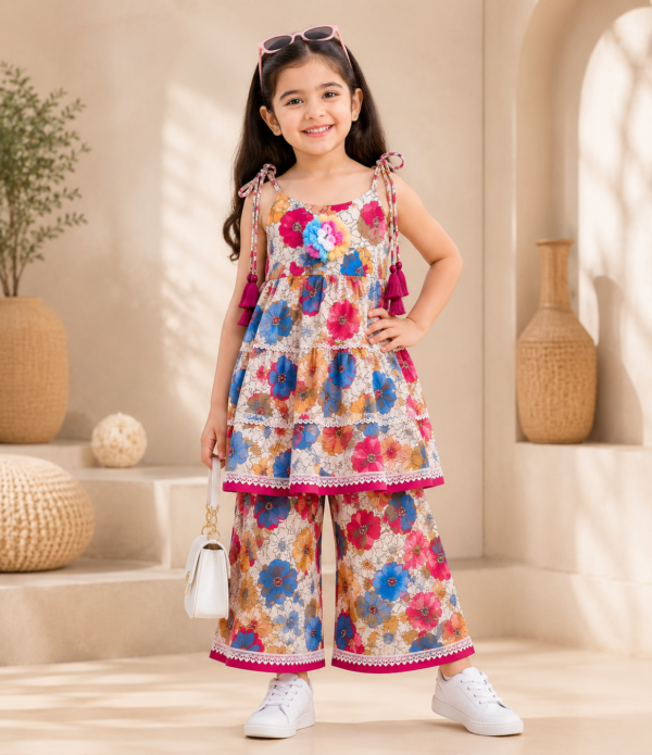Girls Floral Printed Sharara Set with Tiered Top | Stylish Ethnic Co-Ord Set for Girls