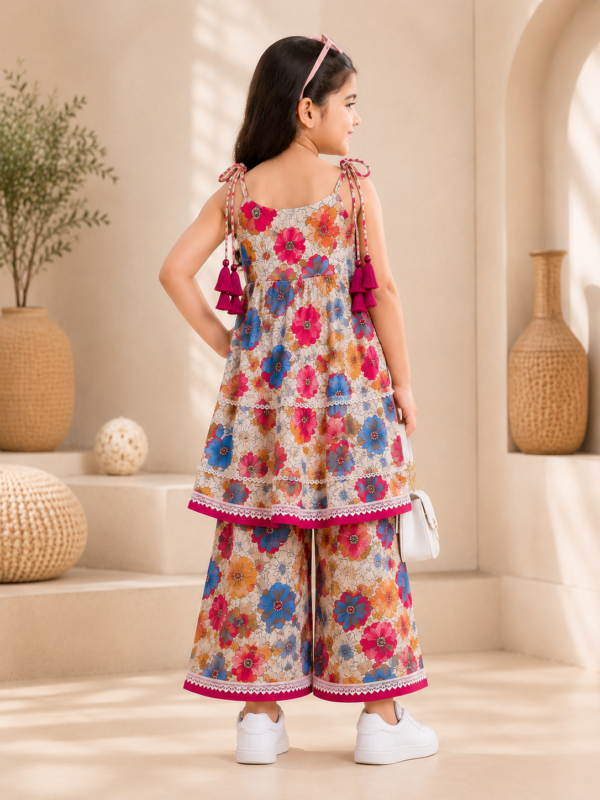 Girls Floral Printed Sharara Set with Tiered Top | Stylish Ethnic Co-Ord Set for Girls