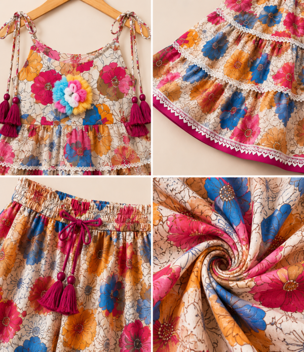 Girls Floral Printed Sharara Set with Tiered Top | Stylish Ethnic Co-Ord Set for Girls
