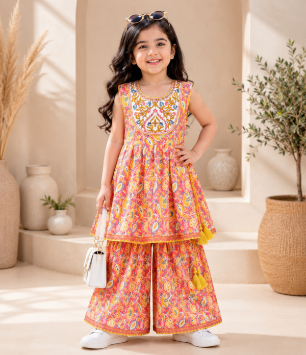 Girls Printed Sharara Set with Sleeveless Kurti | Stylish Ethnic Co-Ord Set for Girls